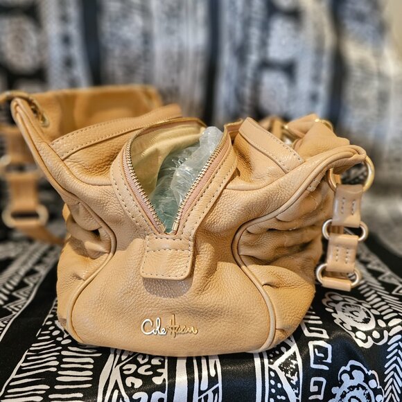 COLE HAAN Ruched Pebble leather top zip East West Shoulder Bag Beige w gold hw - Picture 11 of 13